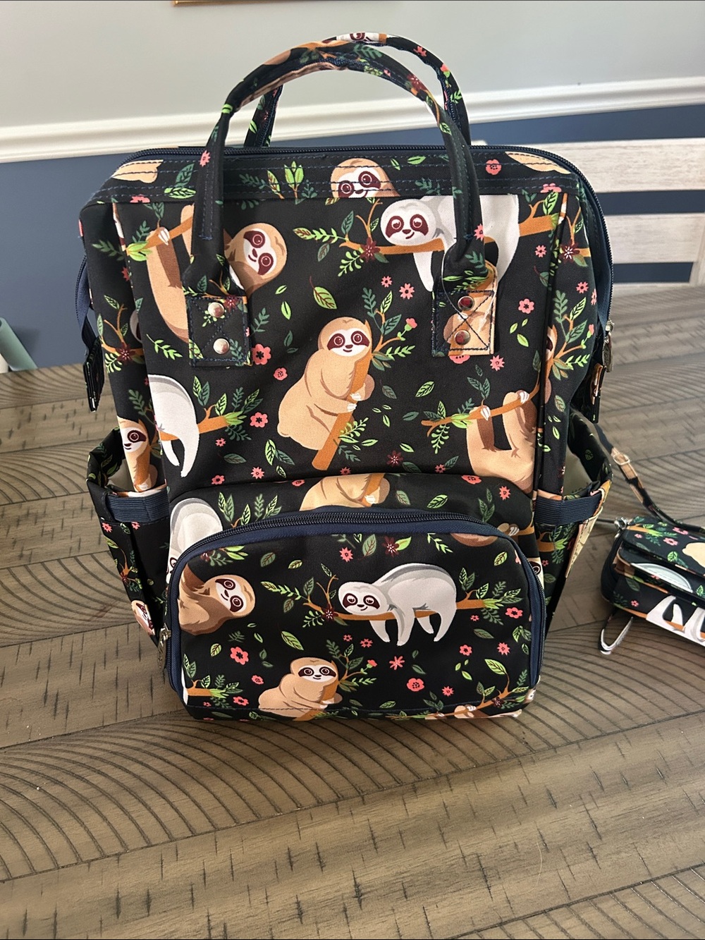 Diaper Bag/back back and matching Clutch- sloth print, navy blue